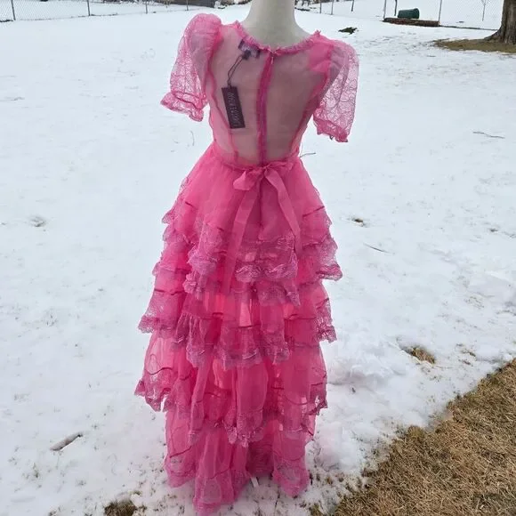 NEW‎ Dolls Kill pink sheer lace kawaii Pretty Imperfect tiered maxi dress gown S - Picture 4 of 10